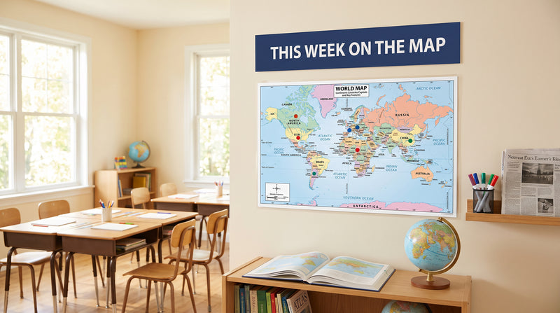 A classroom wall with the 2026 world map marked with colored dots under a This Week on the Map header card.