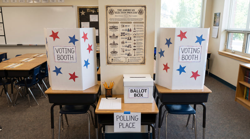 A mock election station in a classroom, with two cardboard voting booths and a ballot box below the American Election Process poster.
