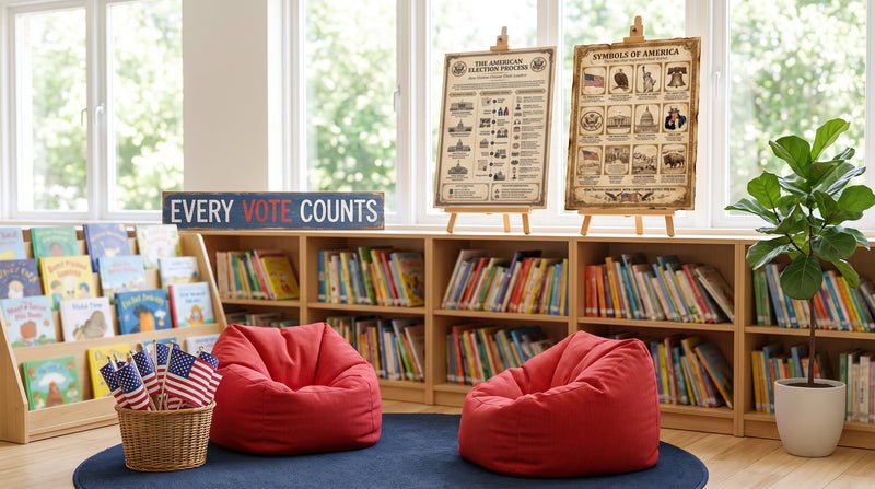 A school library display on voting, with the American Election Process and Symbols of America posters on easels above picture books.