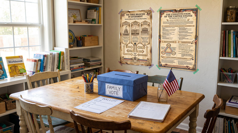 A homeschool table set up for an election lesson, with the Three Branches and Constitution posters on the wall and a handmade ballot on the table.