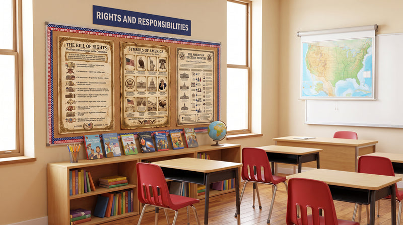 A classroom civics wall with the Bill of Rights, Symbols of America and Election Process posters above a shelf of civics books.
