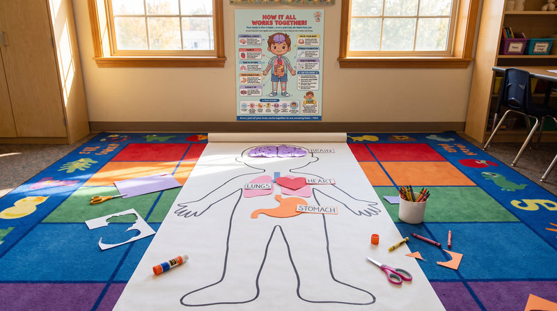 A life-size body outline on butcher paper on a classroom rug, with paper cutouts of the heart, lungs and stomach beside the How It All Works Together poster.