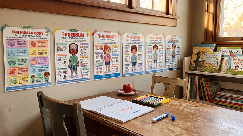 A homeschool room with the six vital organs posters in a row above a wooden table, with a dry-erase marker on the table.