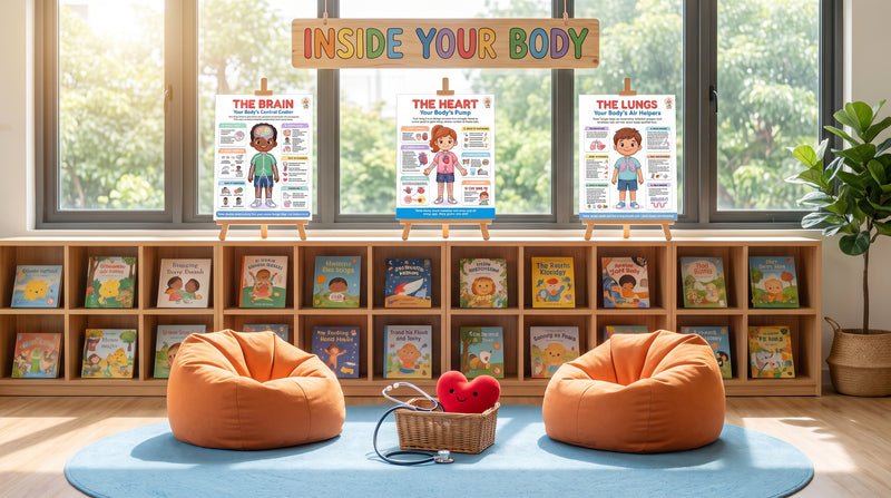 A school library reading nook with The Brain, The Heart and The Lungs posters on easels above picture books about the body.