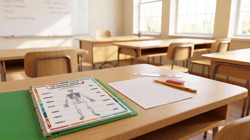 A student desk with an open science binder showing the laminated skeletal system reference page, beside a pencil and a worksheet.