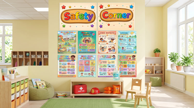 A classroom safety corner with a Safety Corner banner above eight safety posters in a grid, starting with Playground Safety.
