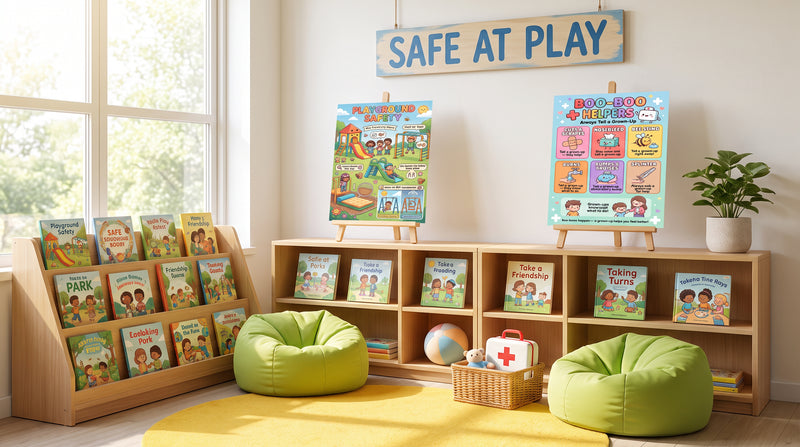 A playground safety display in an elementary school library reading nook, with the Playground Safety and Boo-Boo Helpers posters on easels above picture books.