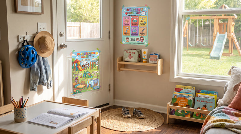A homeschool room by the back door, with the Playground Safety chart at child eye height and a backyard swing set visible through the window.