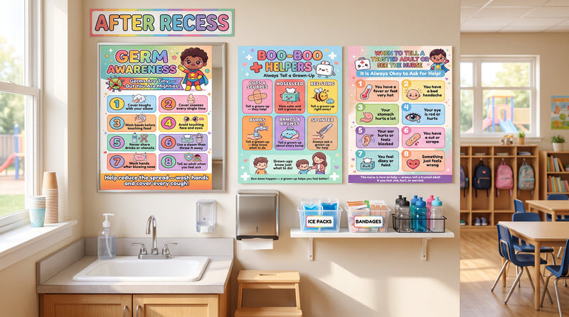 A classroom sink corner set up for after recess, with Germ Awareness, Boo-Boo Helpers and trusted adult posters above a small first aid shelf.