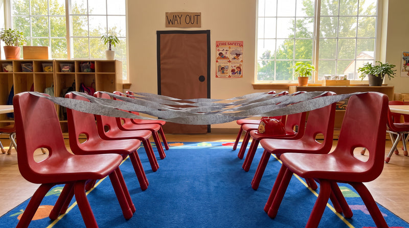 A crawl-low smoke tunnel of gray streamers strung between two rows of small chairs on a classroom rug, with the Fire Safety poster by the door.