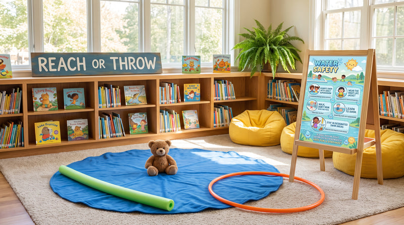 A pretend pond made from a blue blanket in a school library reading nook, with a pool noodle and the Water Safety poster on an easel.