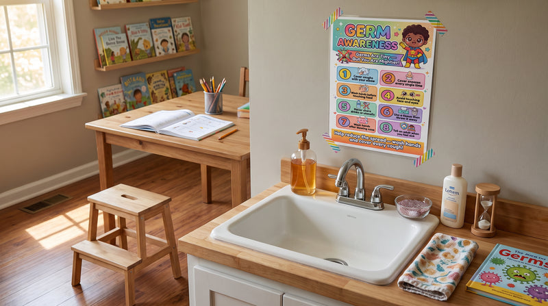 A homeschool room sink set up for a glitter handwashing demo, with the Germ Awareness chart mounted at child eye height.