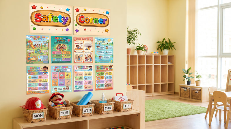 A preschool safety corner with a Safety Corner banner above eight safety posters and five labeled activity baskets on a low shelf.