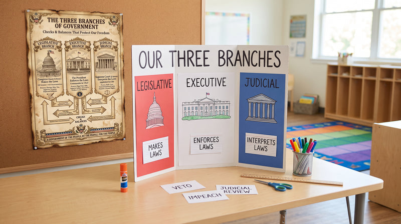 A half-finished three branches of government poster project on a classroom table, with the Three Branches poster on the wall behind it as a reference.