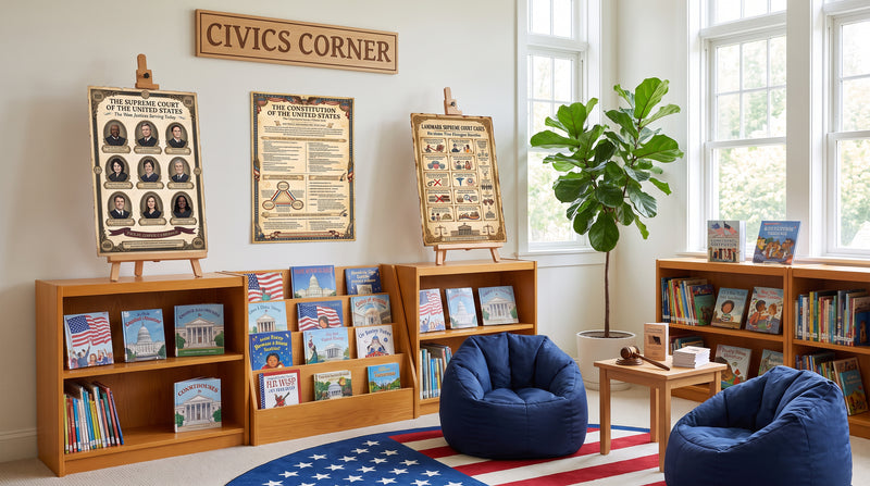 A civics corner in an elementary school library, with Supreme Court and Constitution posters displayed on easels above low bookshelves.