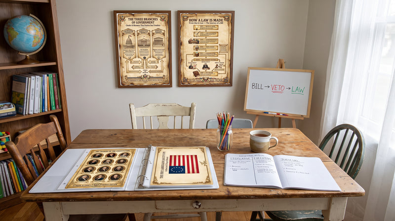 A homeschool table set up for a three branches lesson, with an open binder of Constitution study charts and the Three Branches and How a Law Is Made posters on the wall.