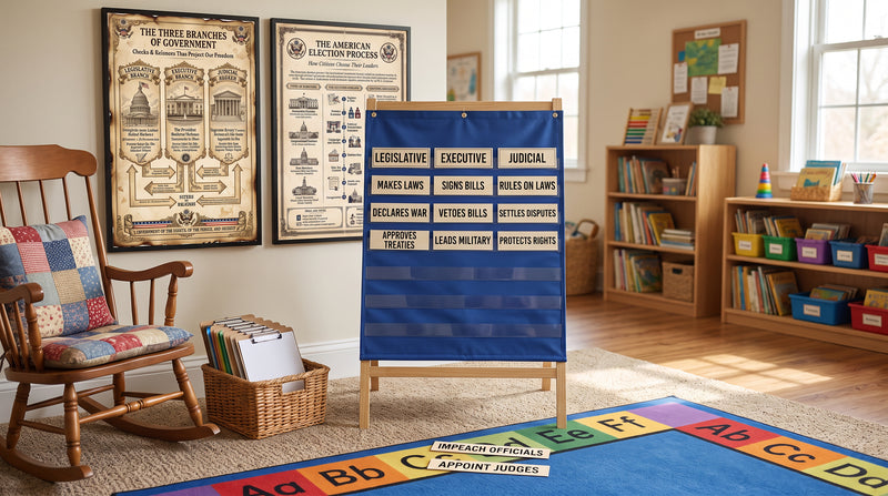A three branches sorting activity in a classroom pocket chart, with power cards sorted under legislative, executive and judicial headers.