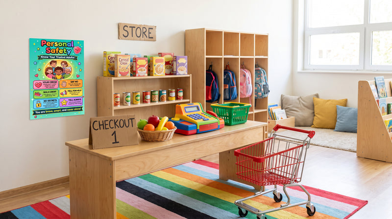 A pretend grocery store in a kindergarten dramatic play area, with a toy register on a counter signed CHECKOUT 1 and the Personal Safety poster behind it.