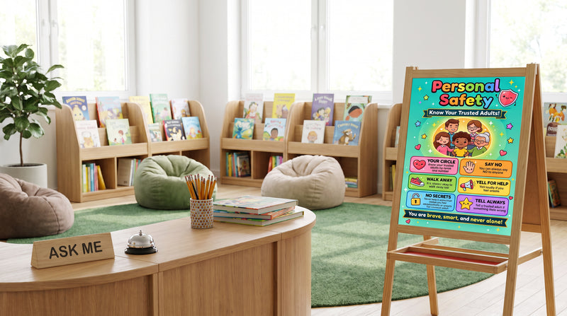 A school library help desk with an ASK ME sign, and the Personal Safety poster on an easel beside it for a lost-child practice.