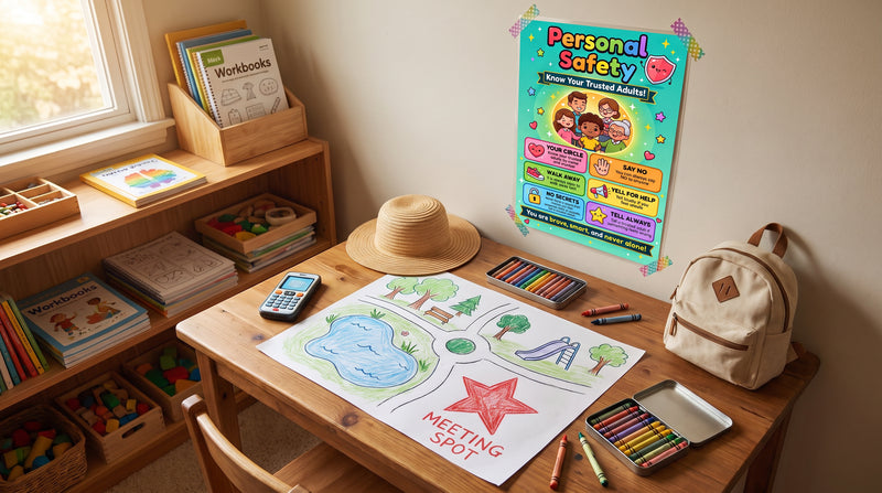 A homeschool table set for lost-child practice, with a hand-drawn park map marked MEETING SPOT and the small Personal Safety chart on the wall.