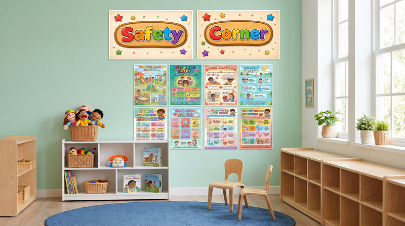 A classroom safety corner with a Safety Corner banner above eight safety posters in a grid, including the trusted adults poster.