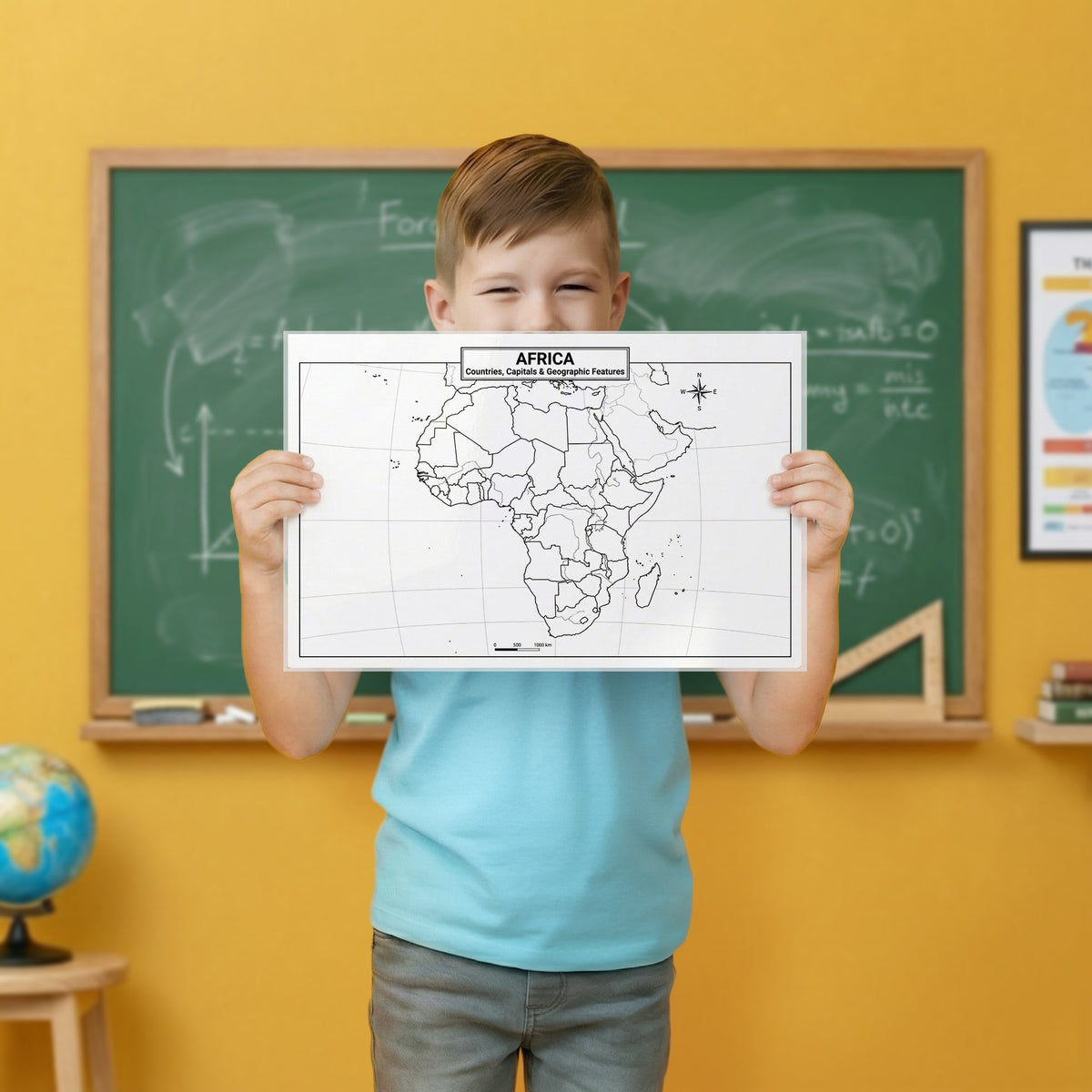 A boy in a classroom holding up the blank outline side of a laminated Africa map poster