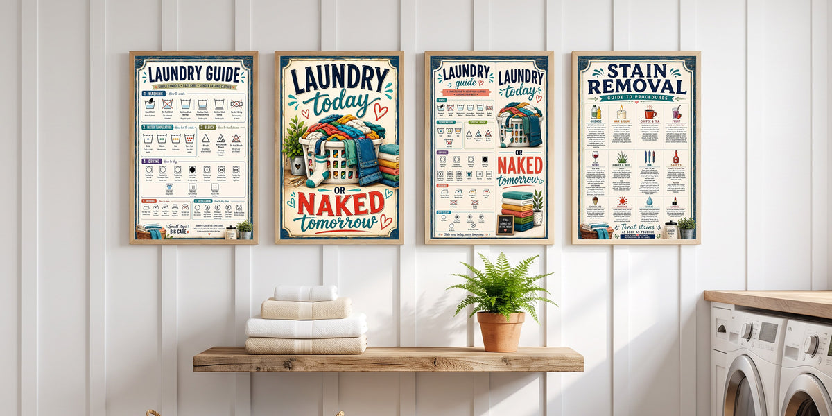 Four laminated laundry posters in wooden frames on a paneled laundry room wall above a shelf