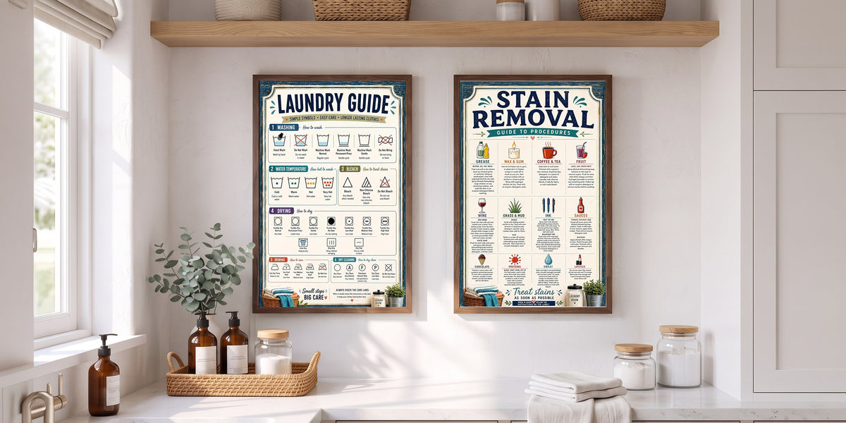 A laundry guide poster and a stain removal poster framed side by side above a sunlit laundry counter