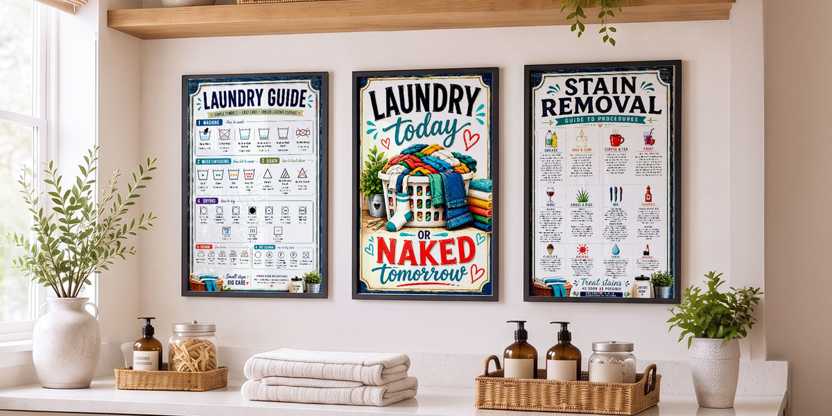 Three framed Jelly Bean Genius laundry posters above a laundry room counter: a laundry guide, a funny sign and a stain removal chart