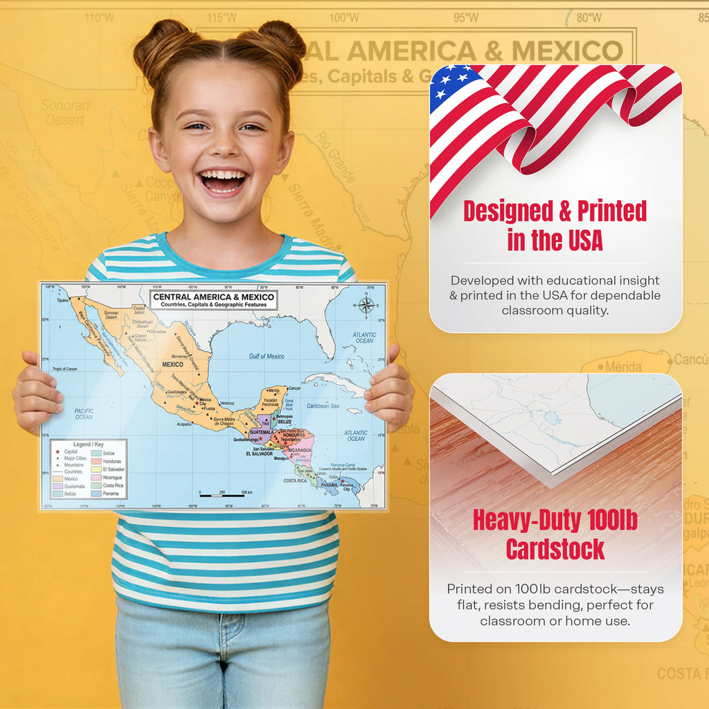 Central America & Mexico Map | 11×17 Laminated Dry Erase Study Map (Double-Sided) | Geography Learning Chart for Kids