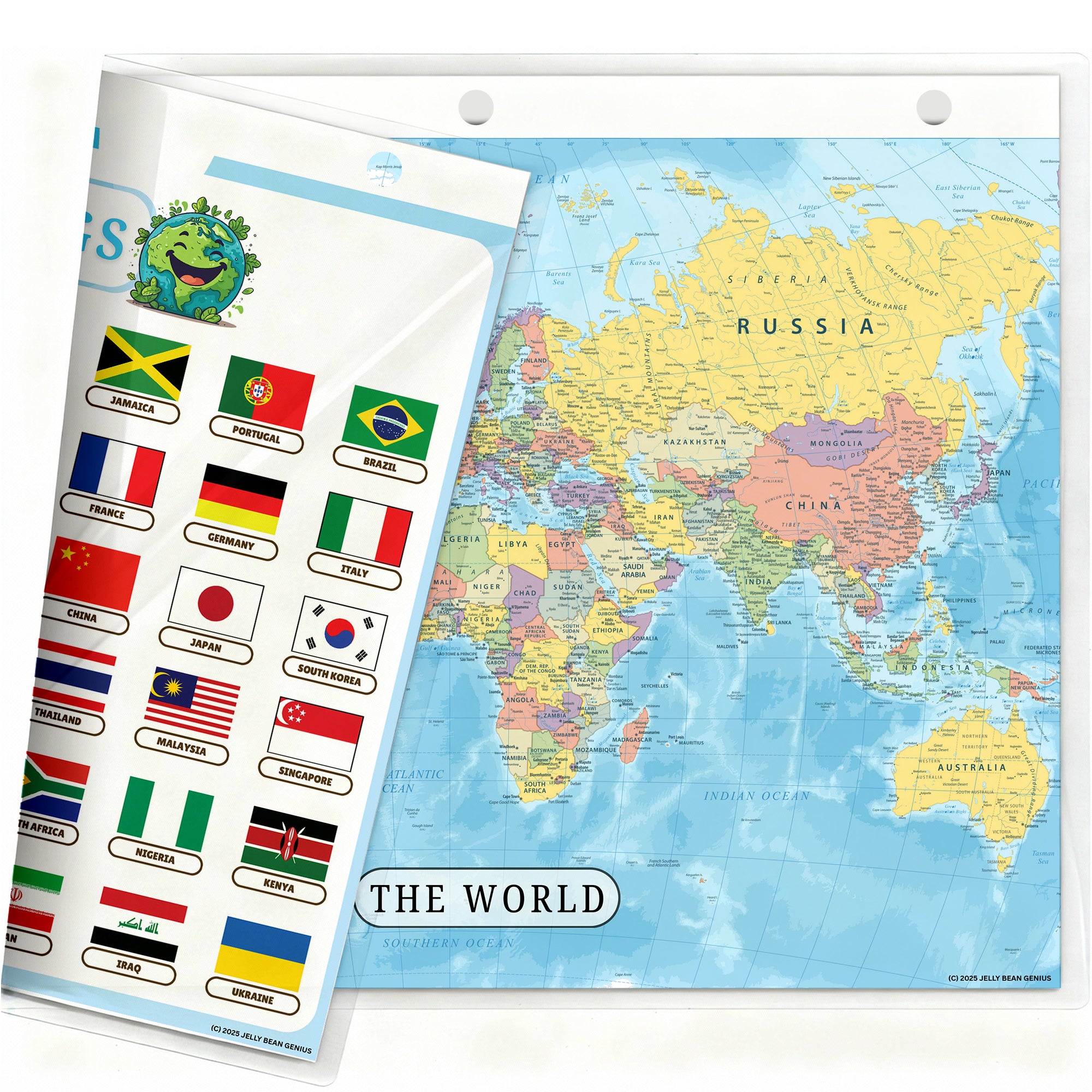World Map & World Flags Reference Binder Insert (Double-Sided) | Geography Learning Chart for Kids