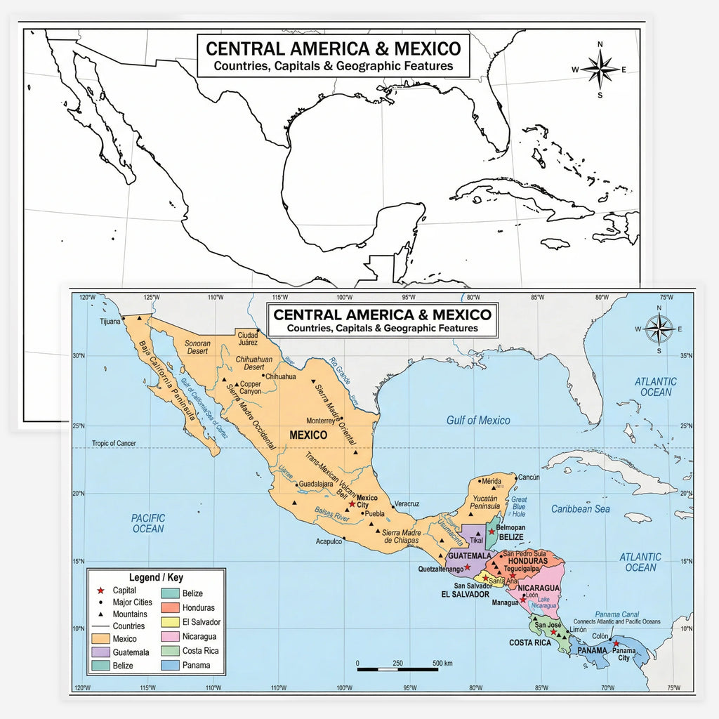 Central America & Mexico Map | 11×17 Laminated Dry Erase Study Map (Double-Sided) | Geography Learning Chart for Kids