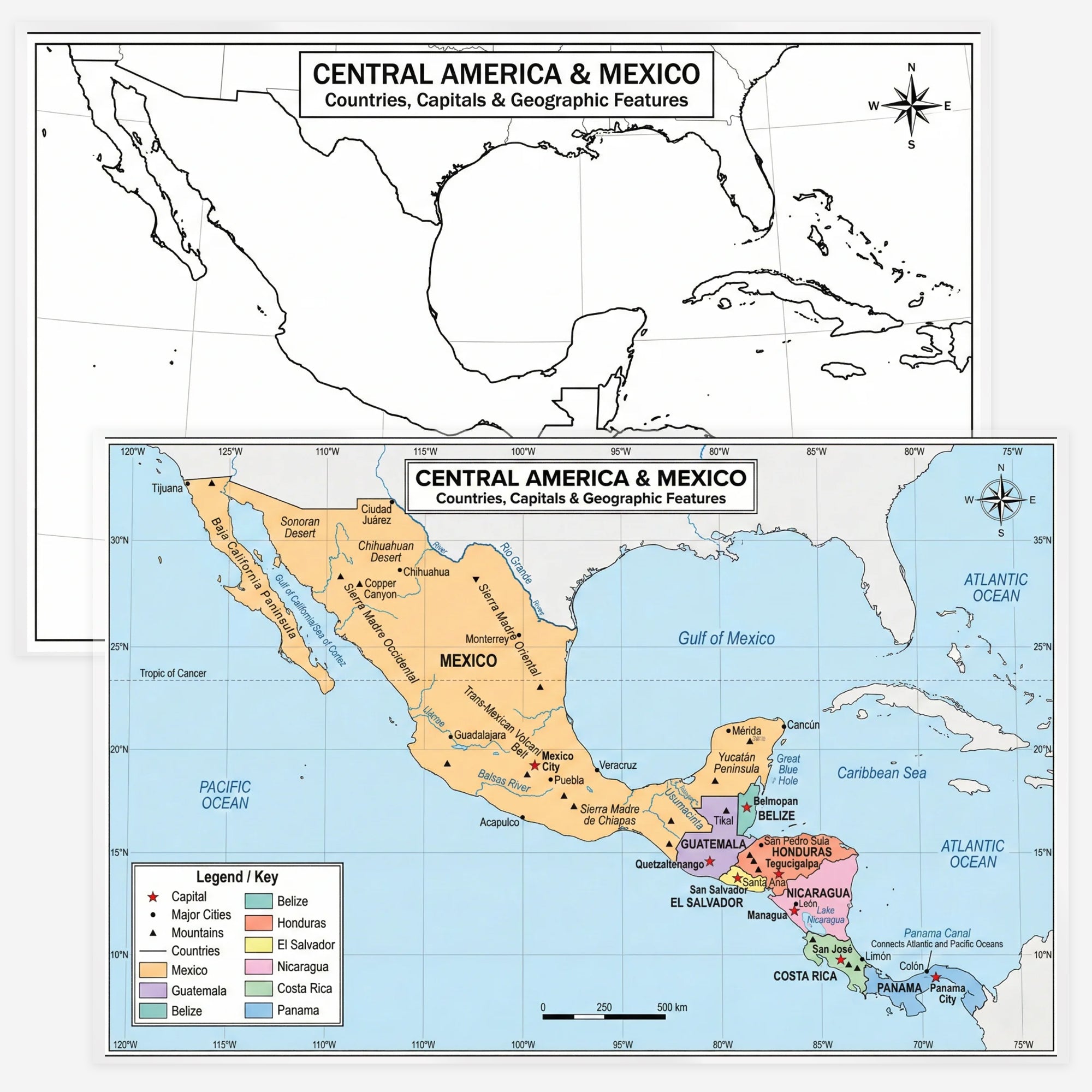 Central America & Mexico Map | 11×17 Laminated Dry Erase Study Map (Double-Sided) | Geography Learning Chart for Kids