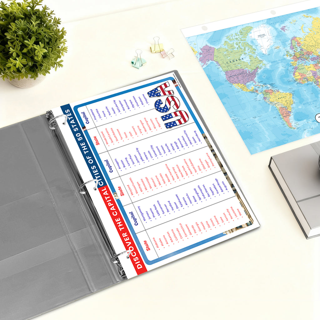 United States Map & States–Cities Reference Binder Insert (Double-Sided) | Geography Learning Chart for Kids
