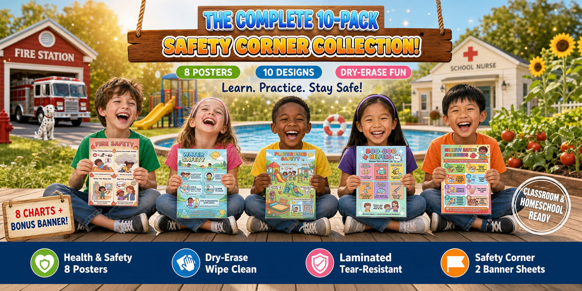 The ten-piece classroom safety set: eight wall charts and two Safety Corner banner sheets