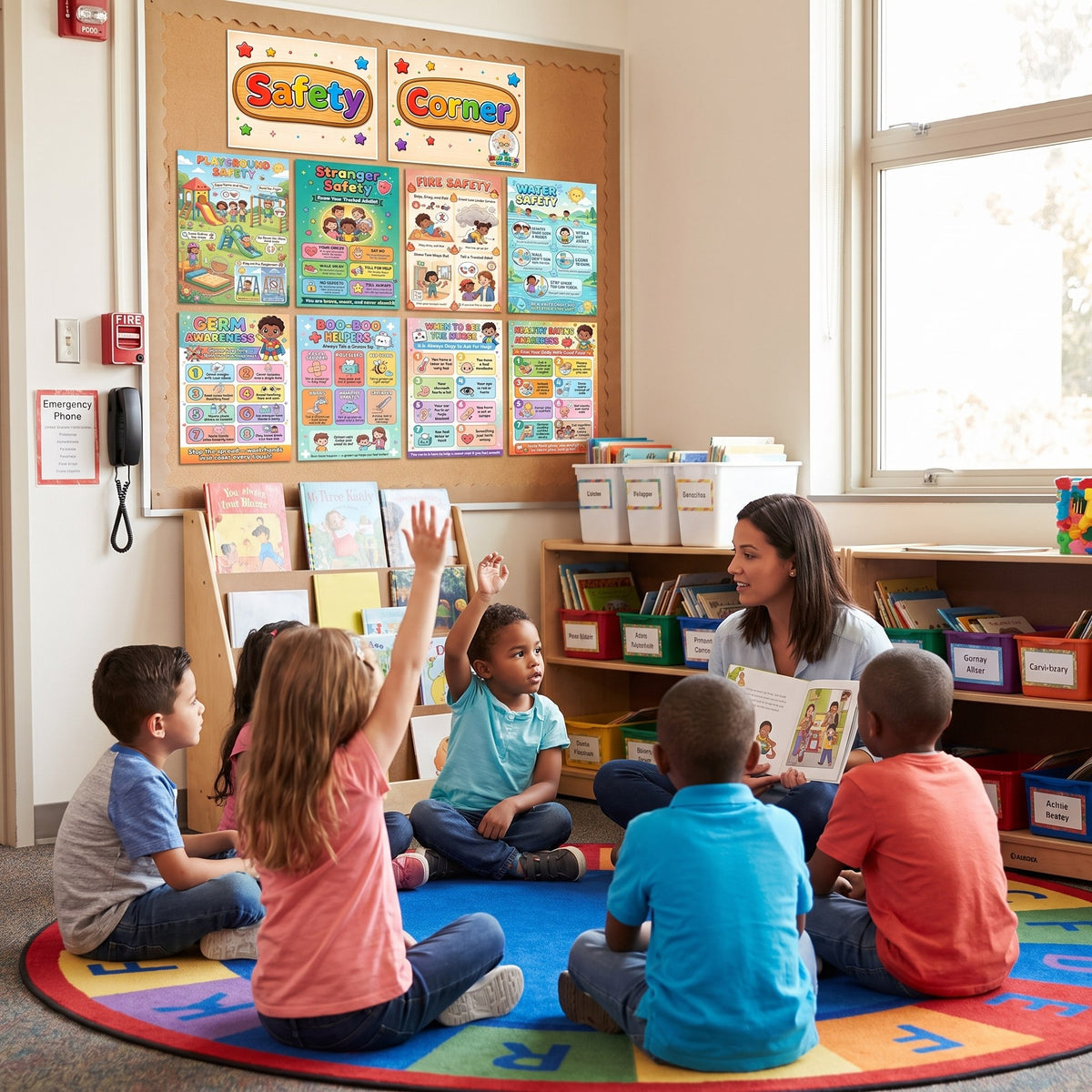 A teacher reading to children sitting in front of a classroom safety corner display