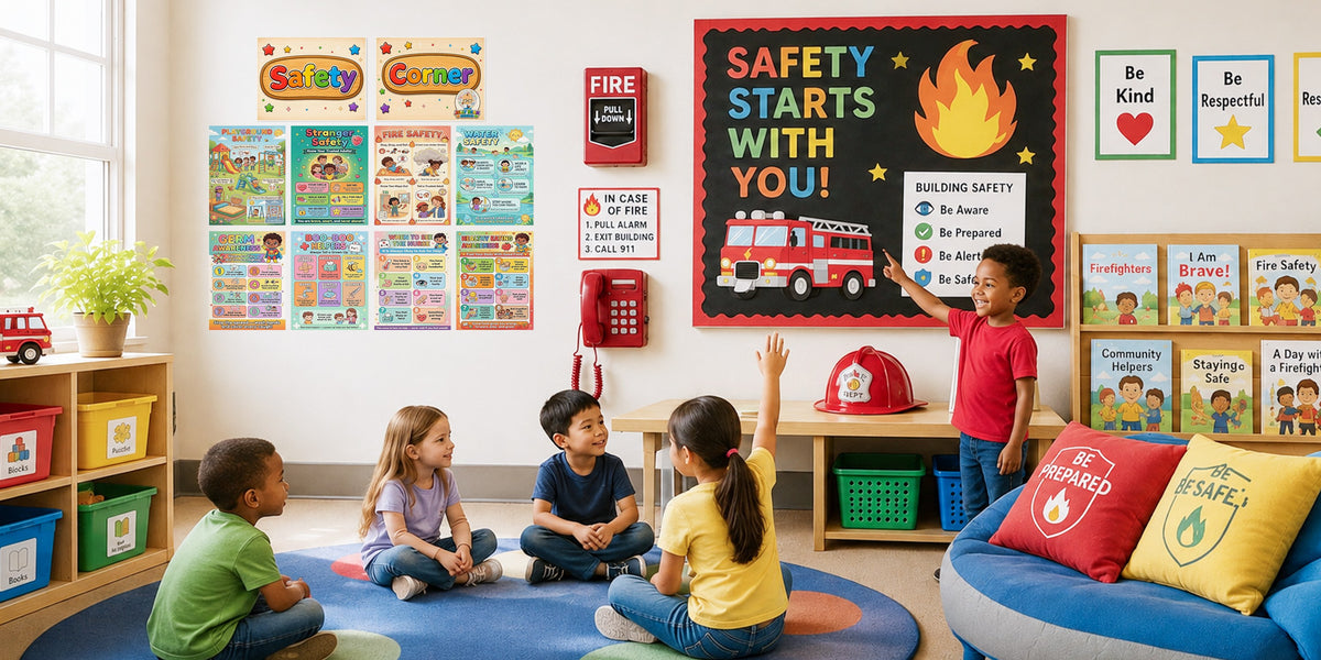 Children sitting in a classroom safety corner with fire, water and personal safety wall charts behind them