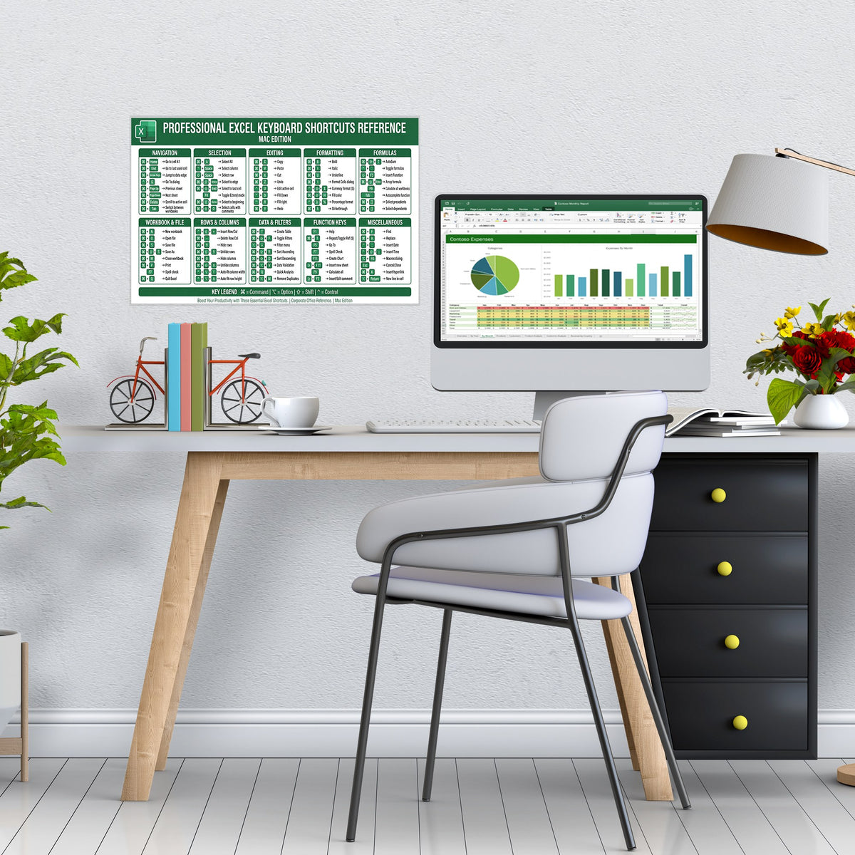 An Excel keyboard shortcuts poster mounted above a desk beside a monitor showing a spreadsheet