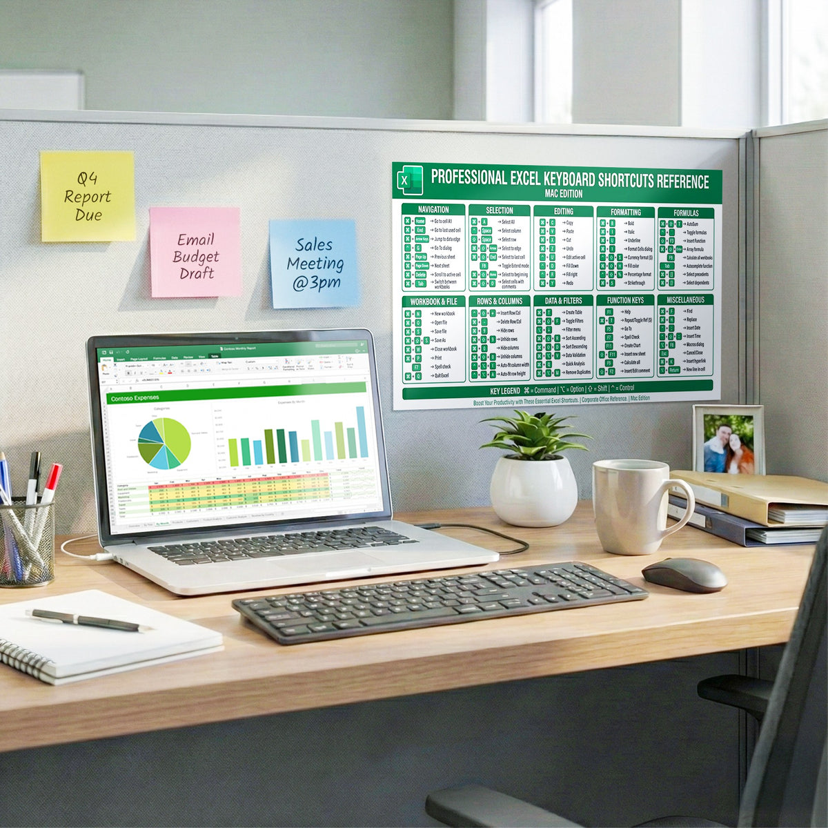 An Excel shortcuts poster pinned to a cubicle wall beside a laptop, sticky notes and a keyboard