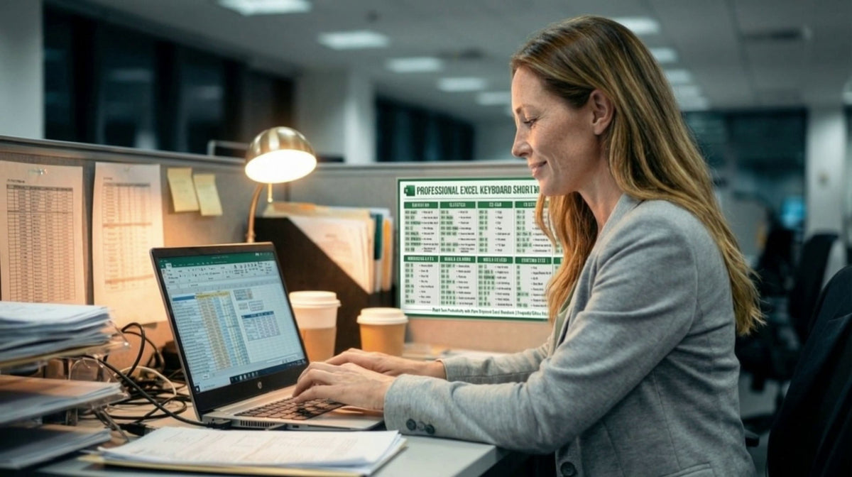 A woman working at an office desk with a Professional Excel Keyboard Shortcuts poster pinned on the partition beside her