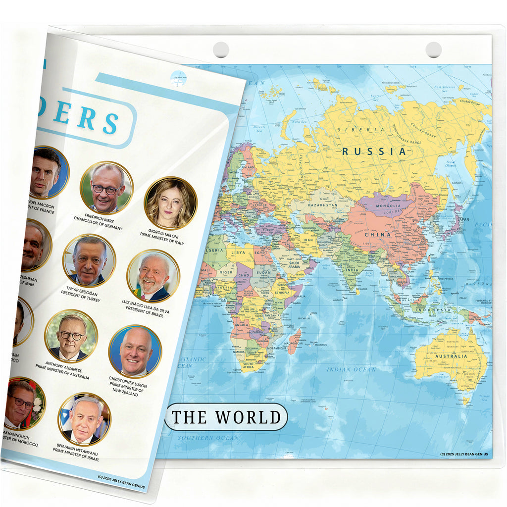 World Map & World Leaders Binder Insert | Geography Learning Chart for Kids