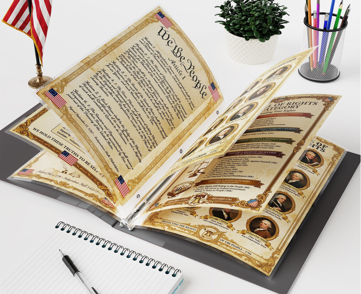 Laminated Constitution and Bill of Rights binder inserts lying open beside a notebook and a small American flag