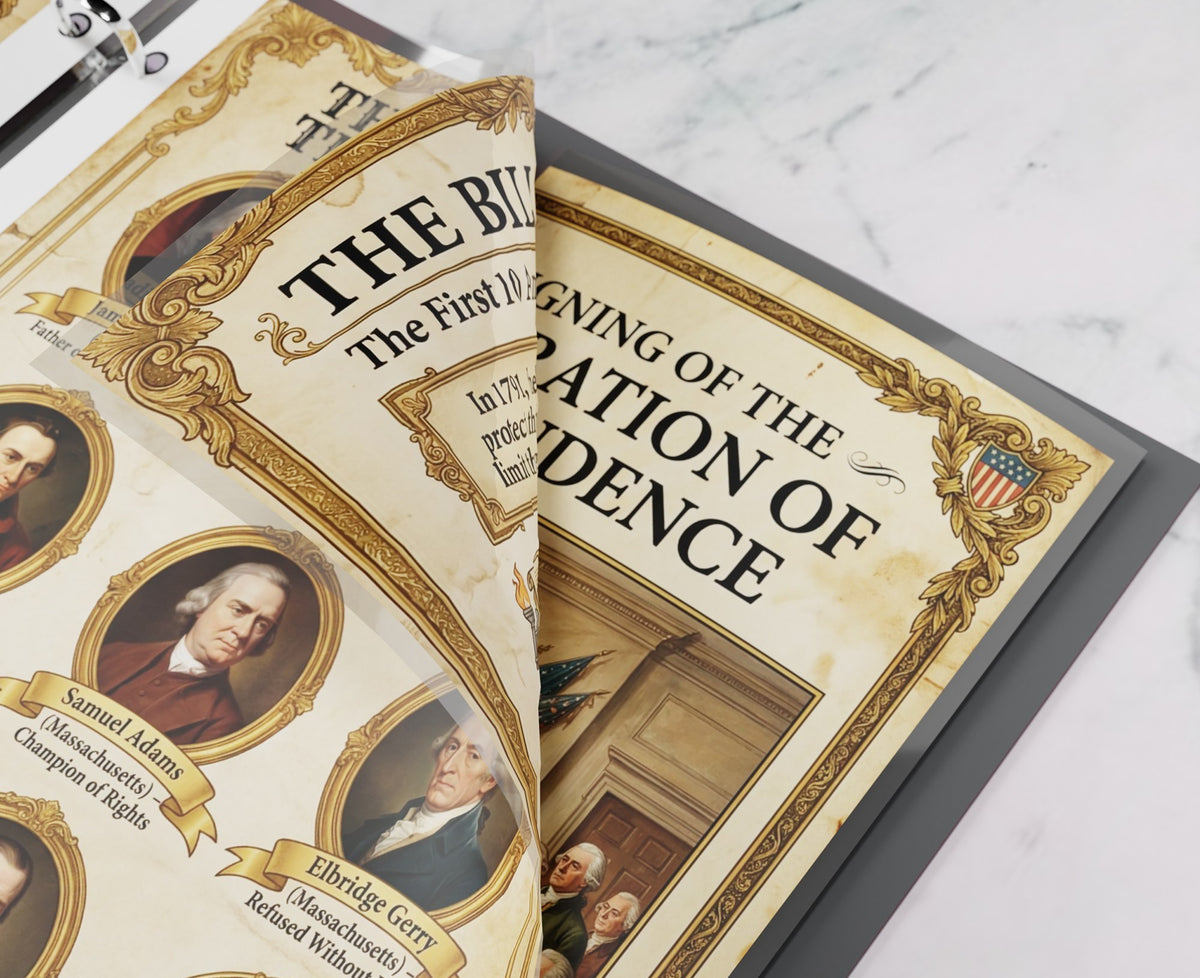 A close-up of laminated Bill of Rights and Declaration of Independence pages open in a binder
