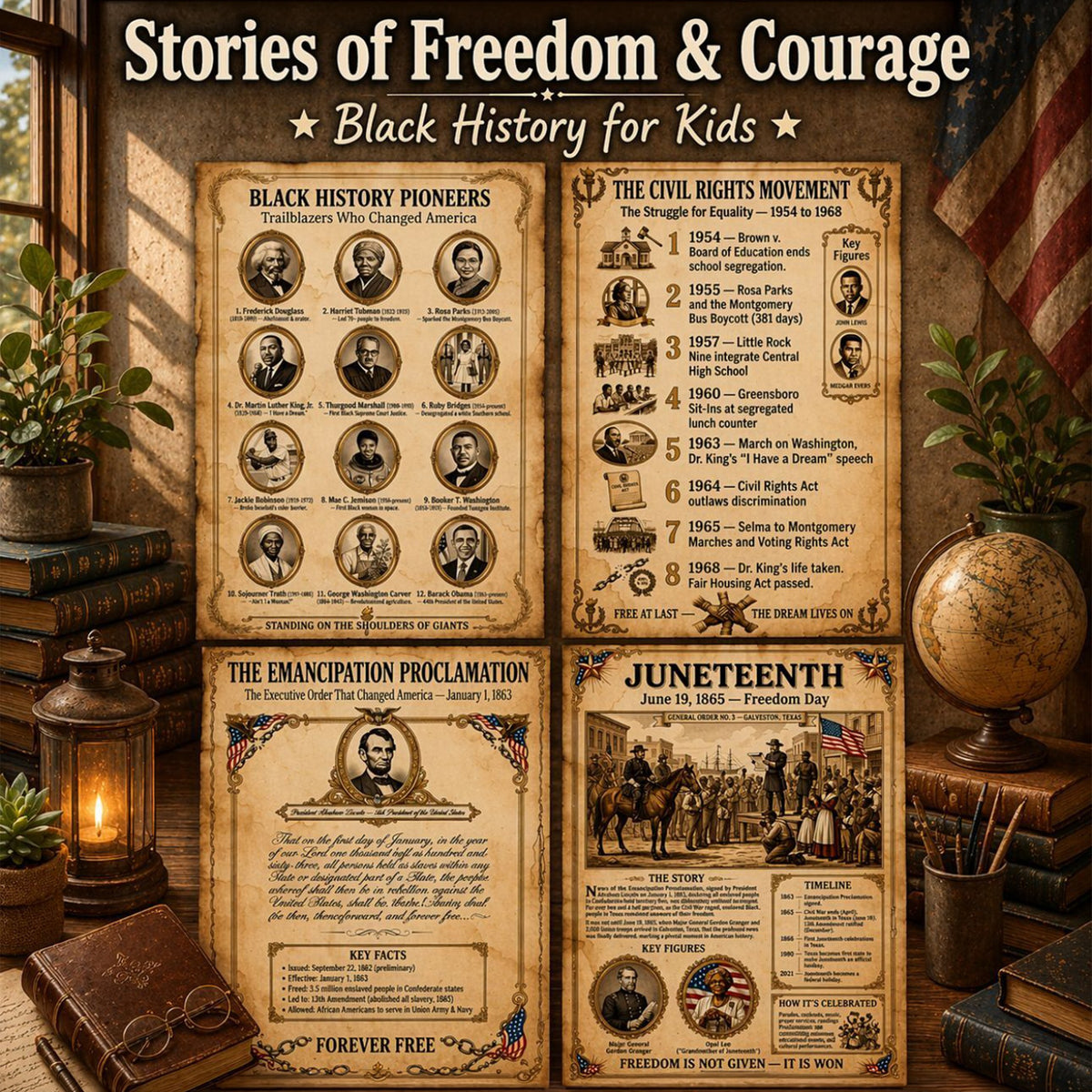 Four laminated Black history posters: Black History Pioneers, The Civil Rights Movement, The Emancipation Proclamation and Juneteenth
