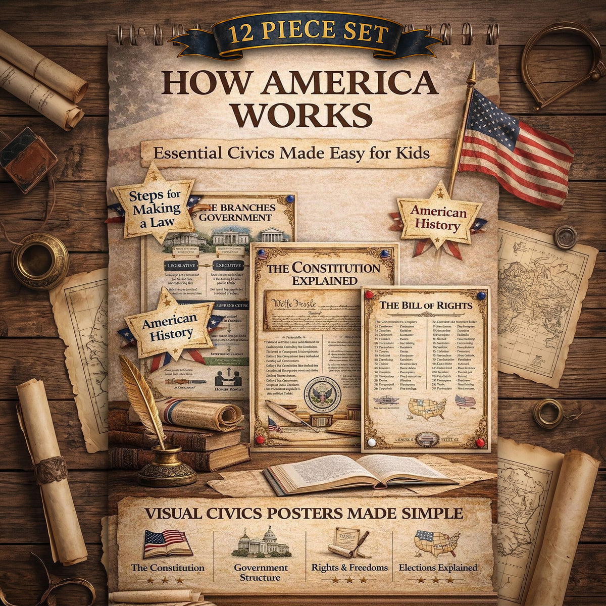 A twelve-piece civics poster set covering how a law is made, the three branches of government and the Constitution explained