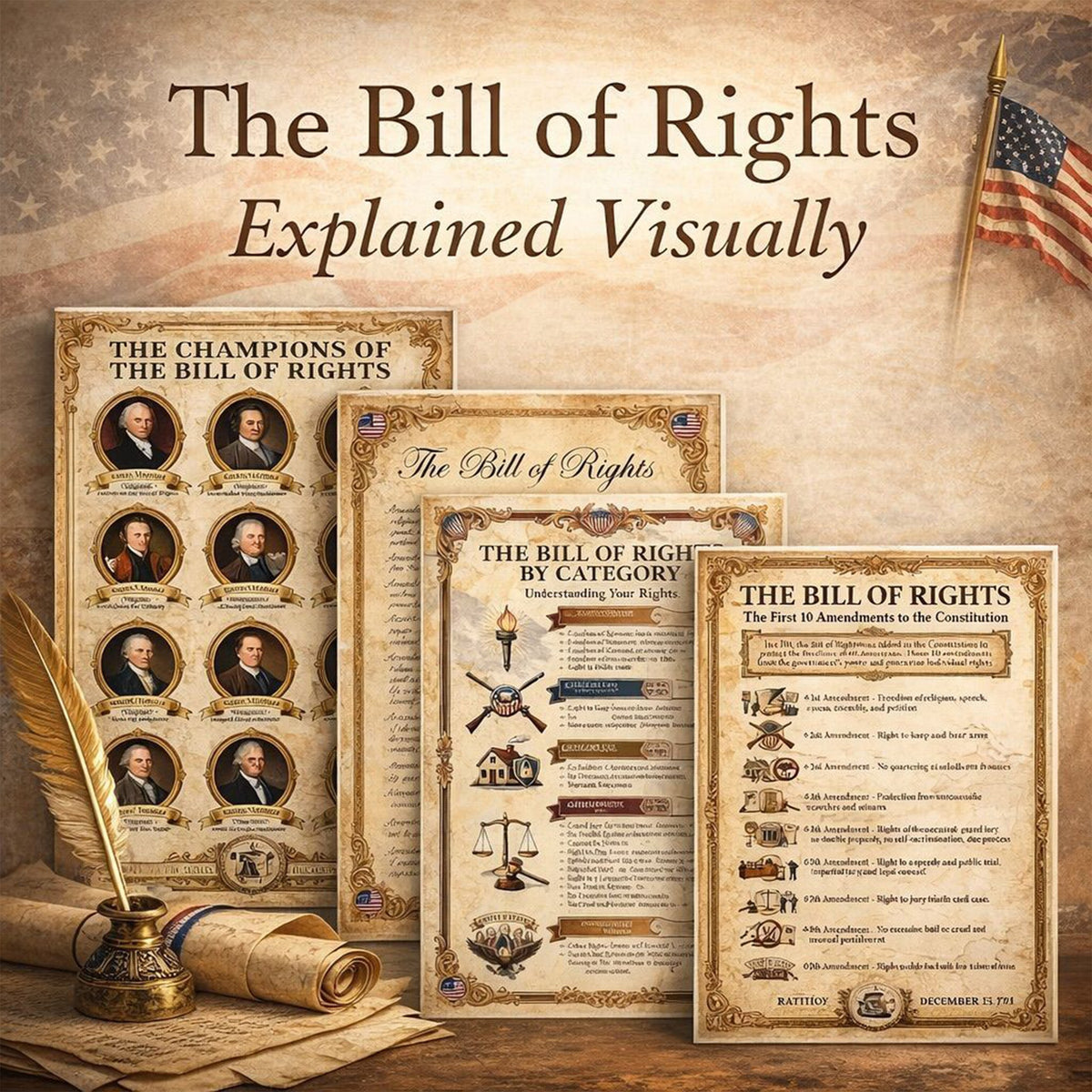 Three Bill of Rights posters: the champions of the Bill of Rights, the amendments by category, and a full summary