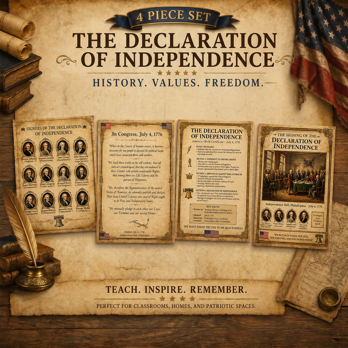 A four-piece Declaration of Independence poster set: the signers, the original document, a summary and the signing scene