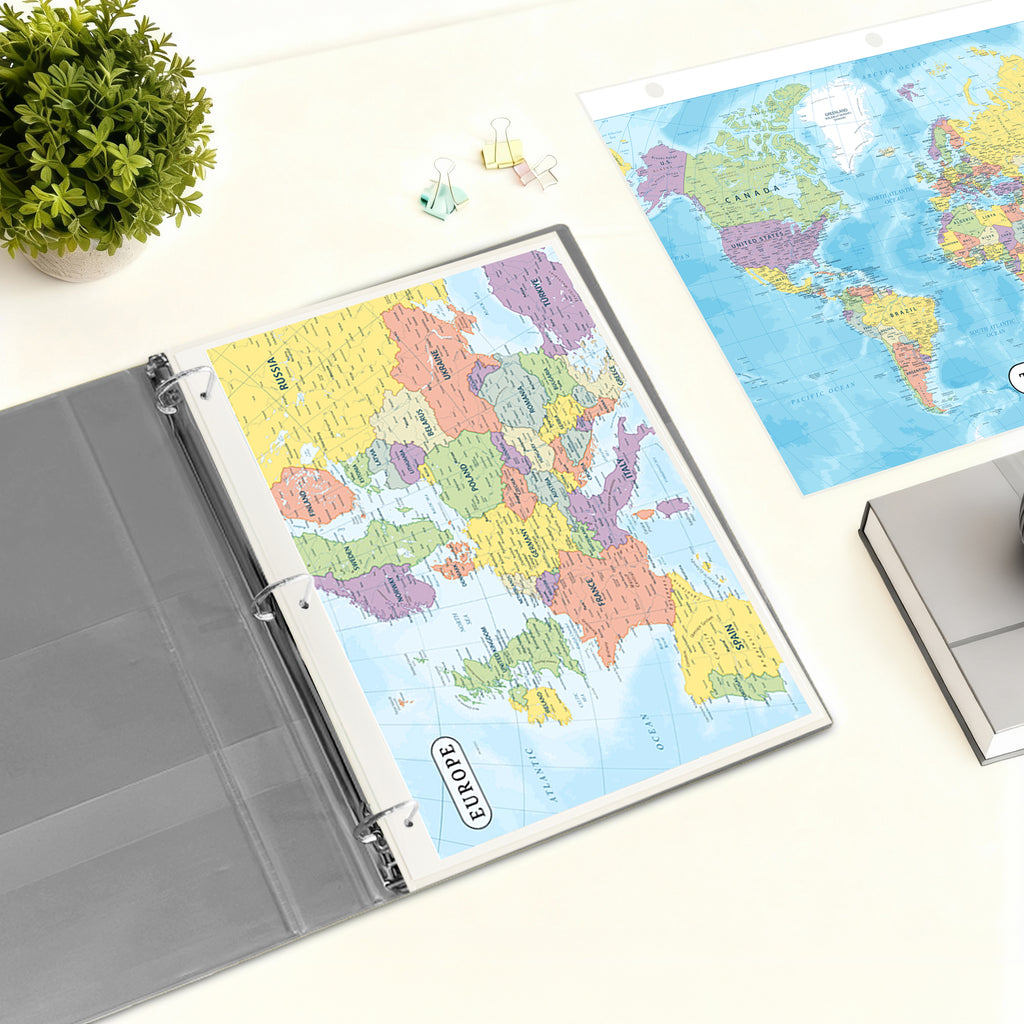 World Map & Europe Map Reference Binder Insert (Double-Sided) | Geography Learning Chart for Kids