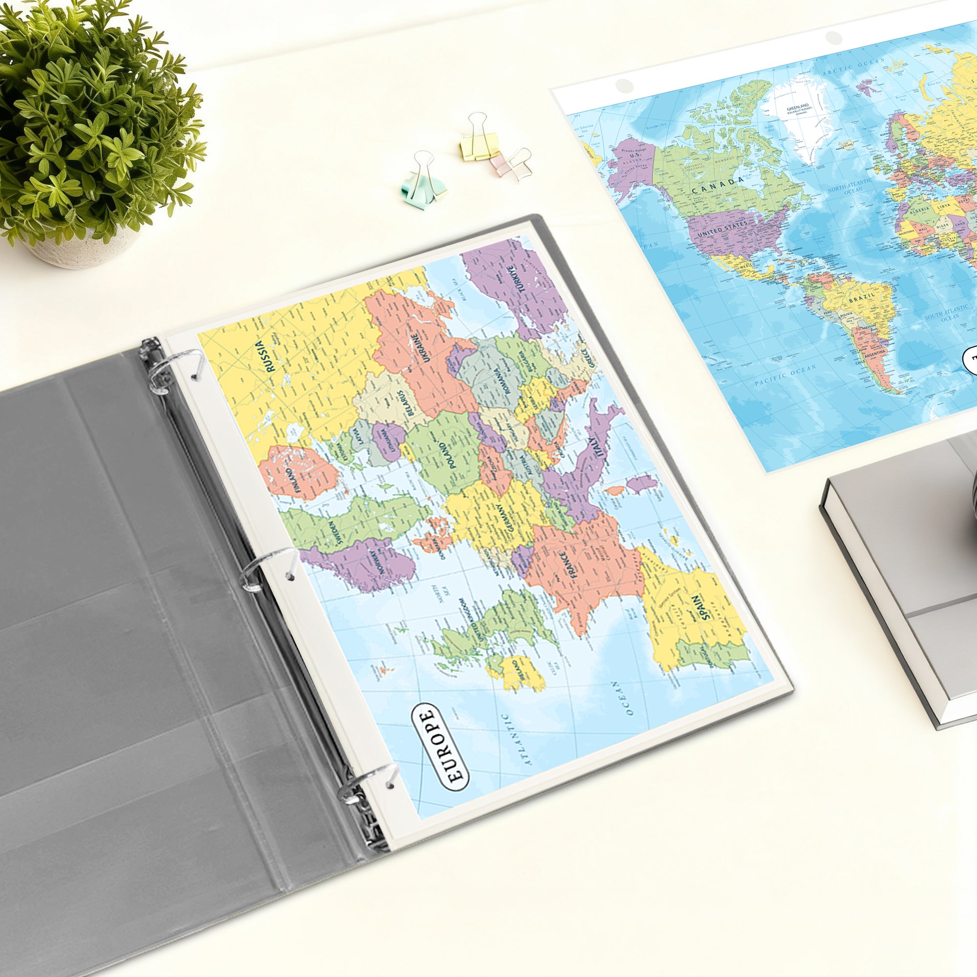 World Map & Europe Map Reference Binder Insert (Double-Sided) | Geography Learning Chart for Kids