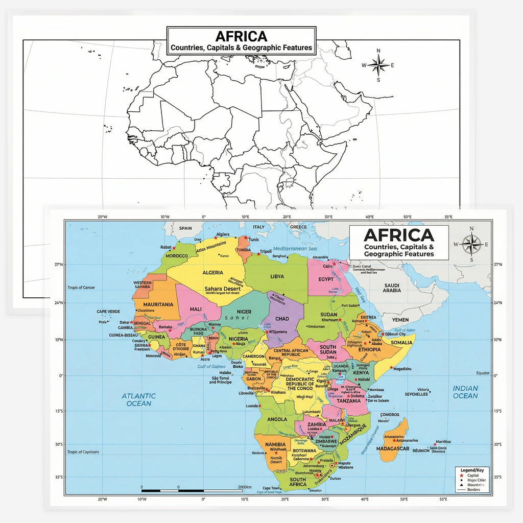 Africa Map | 11×17 Laminated Dry Erase Study Map (Double-Sided) | Geography Learning Chart for Kids